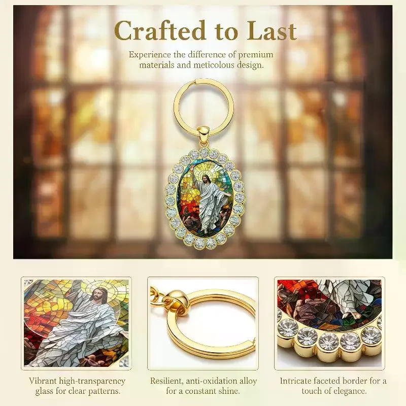 Gold Plated Stained Glass Style Keychain: Rhinestone Border Gifts Religious Souvenirs Daily Use