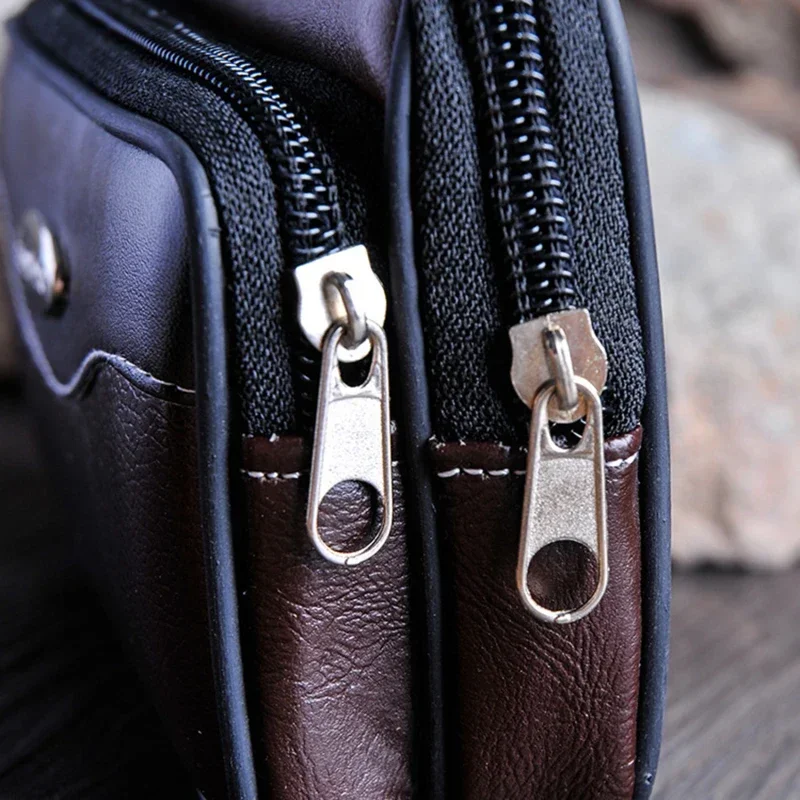 Mobile Phone Bag Pu Leather Double Zipper Men\'s Waist Bag Coin Purse Outdoor Male Waist Bag