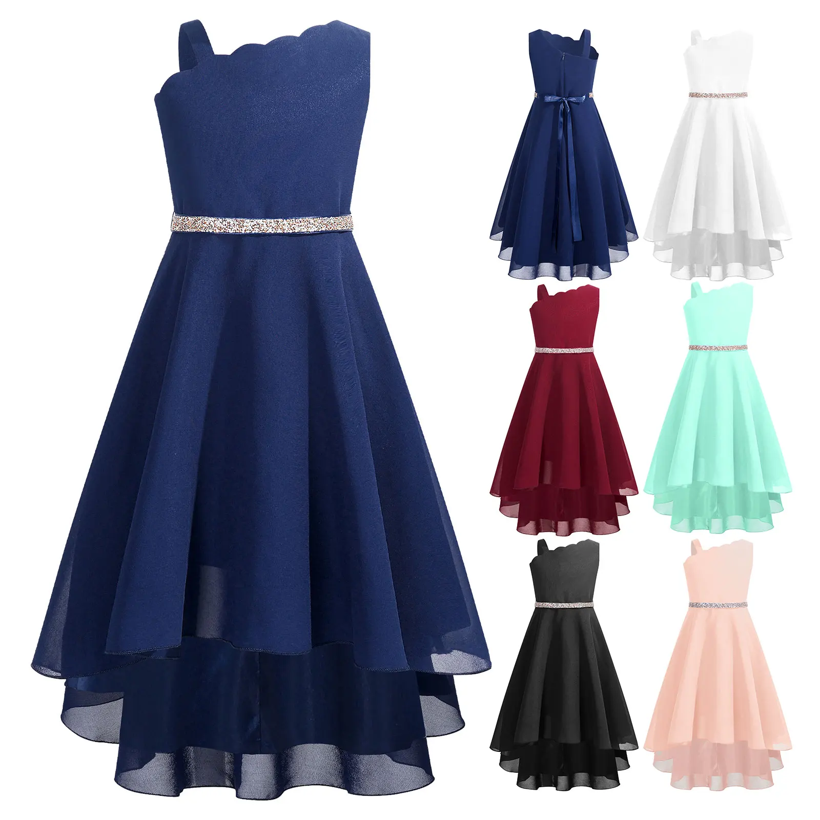 Children Girls Elegant Hi-Low Chiffon Party Dresses with Shiny Belt Princess Gown Wedding Birthday Evening Pageant Formal Dress