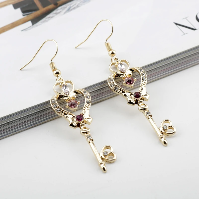 Anime Earrings Cute Cartoon Theme Magical Wand Key Rhinestone Inlaid Charms Earring Jewelry Cosplay Props Gift For Friends
