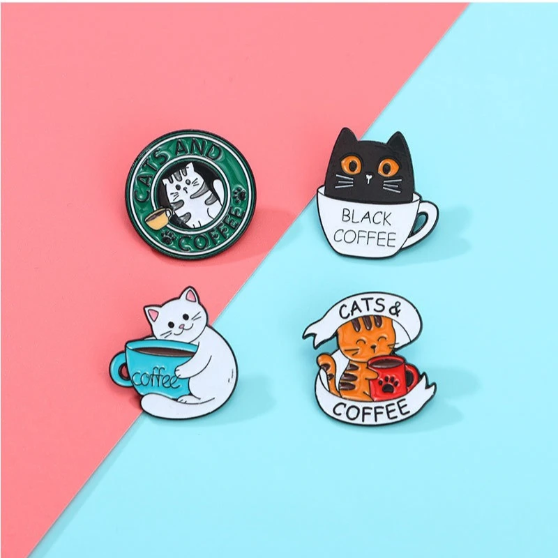 Fashion English Coffee Cat Design Brooch Cartoon Book Bag Decoration Badges Metal Pins DIY Clothing Bags Hat T-shirt Accessory