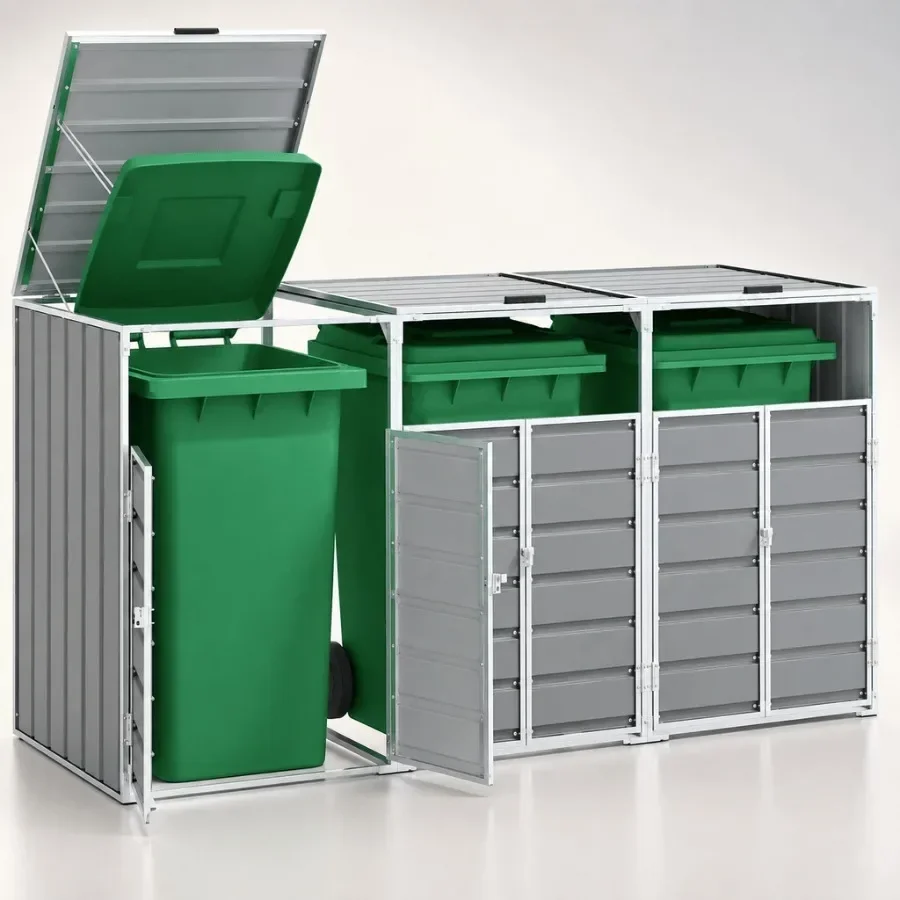Outdoor garden triple wheelie bin storage cabinet in durable steel, charcoal gray, weather-resistant and space-saving design