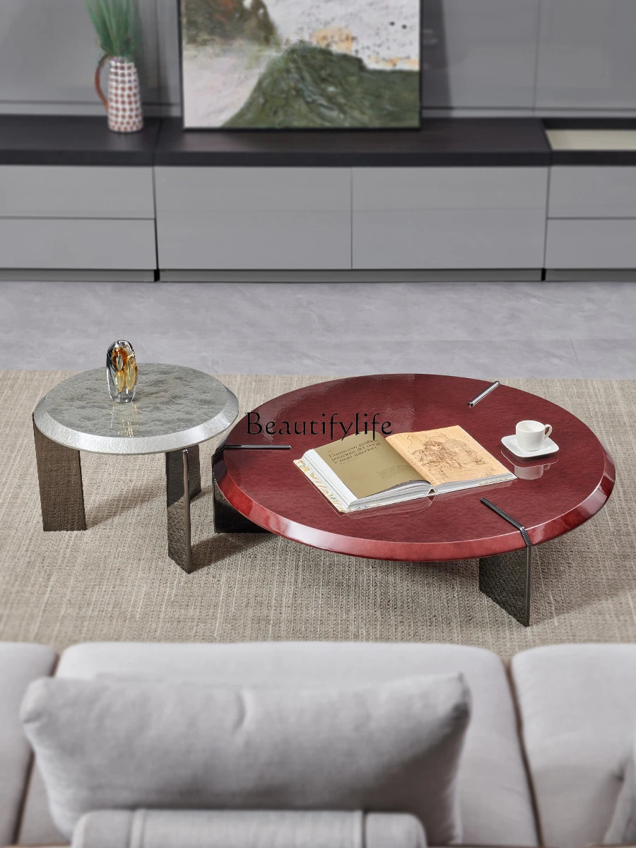 Italian minimalist light luxury water ripple size high and low coffee table combination stainless steel black titanium