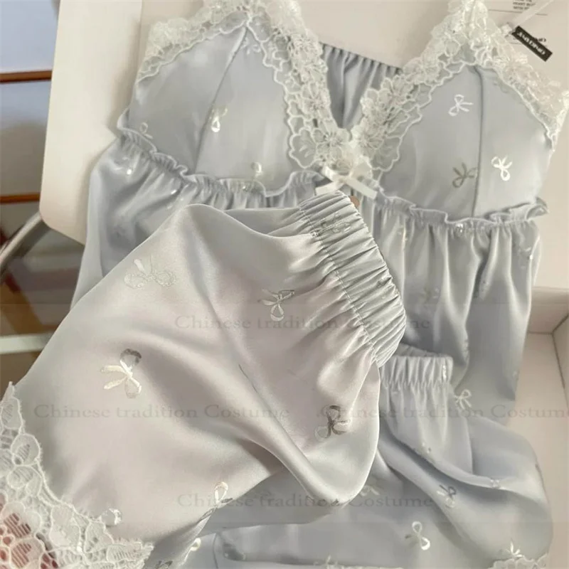 Silver Hot Stamping Bow Pajamas Set 2Pcs Lingerie Sexy Sleeveless Top Shorts Satin Loungewear Pyjamas Femme Home Clothing