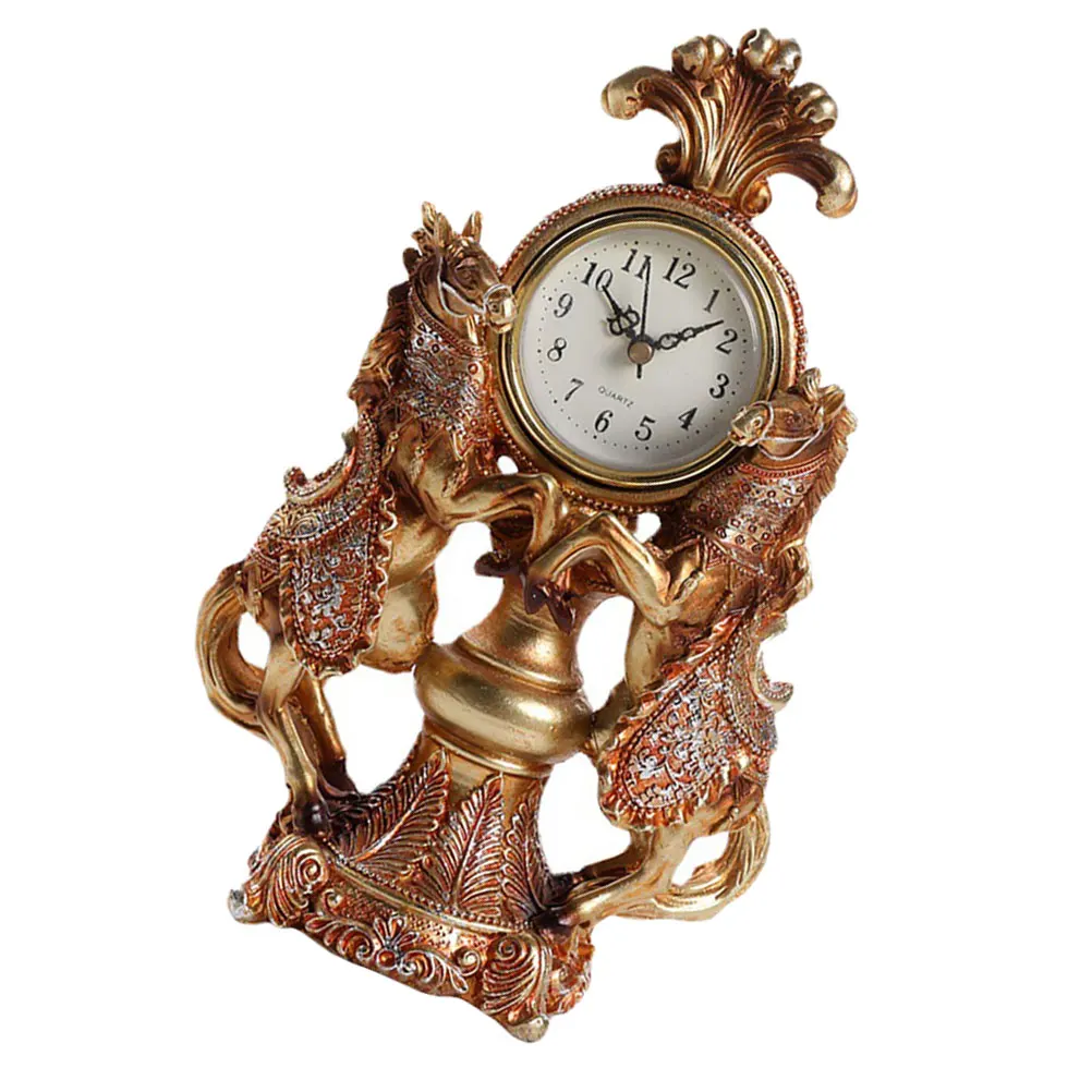 

1pc Auspicious Horse Resin Ornament Golden Vintage Home Decor Desktop Modeling Office Decor Dual Horse Design Retro Clock Table