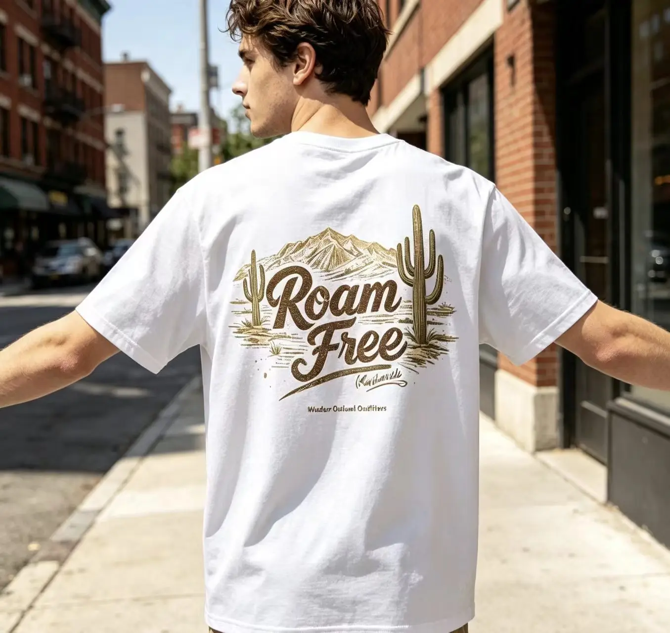 Men Vintage Western Desert Cotton T‑Shirt, Roam Free Cactus Mountain Graphic Print Casual Short Sleeve Tee For Male