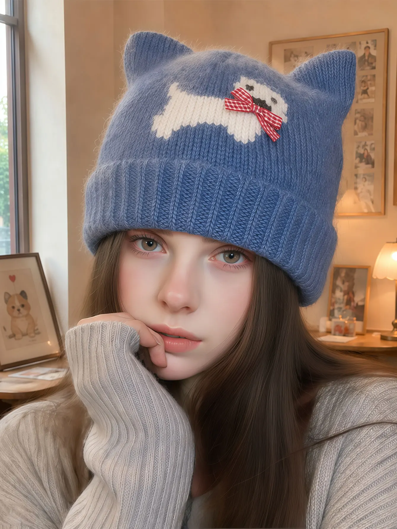 1PC  2026 Autumn/Winter New Style Cute Dog Embroidered Knitted Hat, Warm Wool Head Wrap, Big Head Cover, Ear Protector Hat