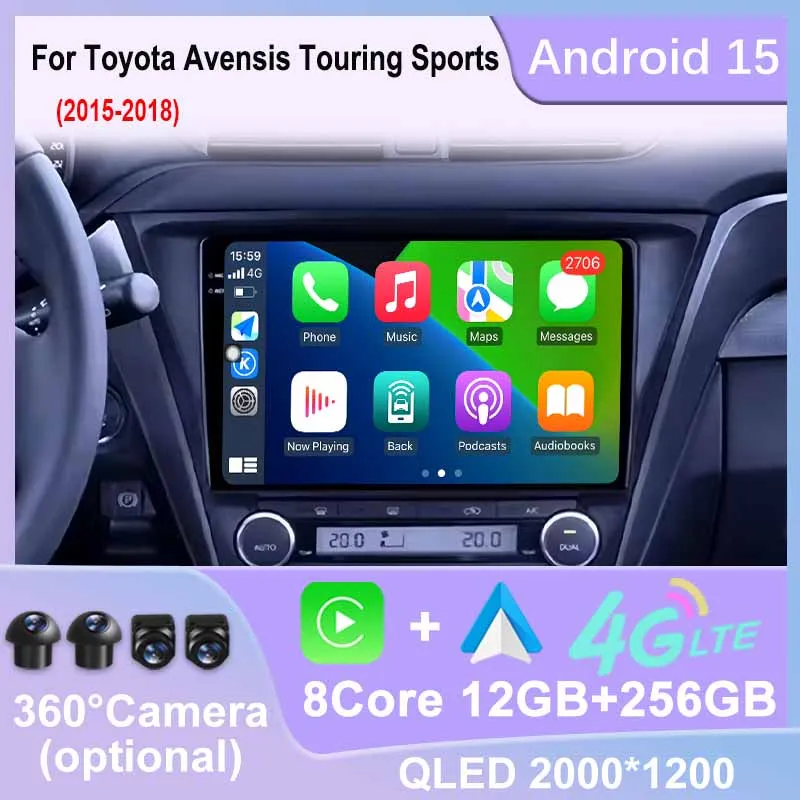 Android 15 Wireless Carplay Auto QLED Car Radio For Toyota Avensis Touring Sports 2015-2018 GPS Multimedia Player Navi Head Unit