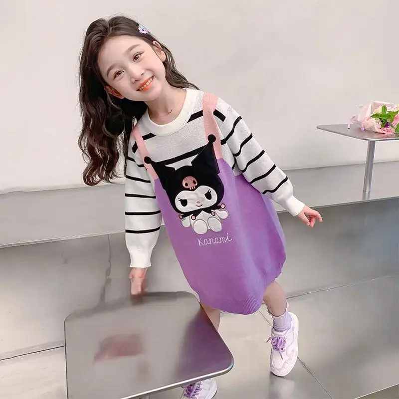 فستان أطفال من Sanrio Kuromi منسوج مزيف من قطعتين للربيع والخريف نمط جديد للأطفال سترة برسوم كارتونية على طراز الأميرة للأطفال