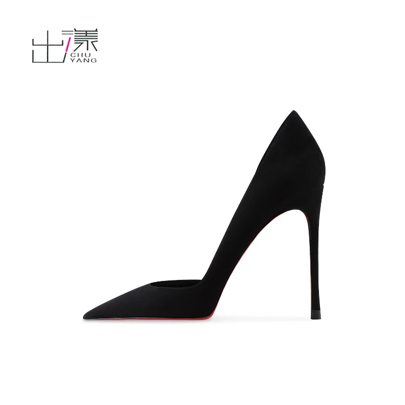 2025 suede black pointed high heels for women with slim heels and side clearance design, versatile and non tiring single shoes
