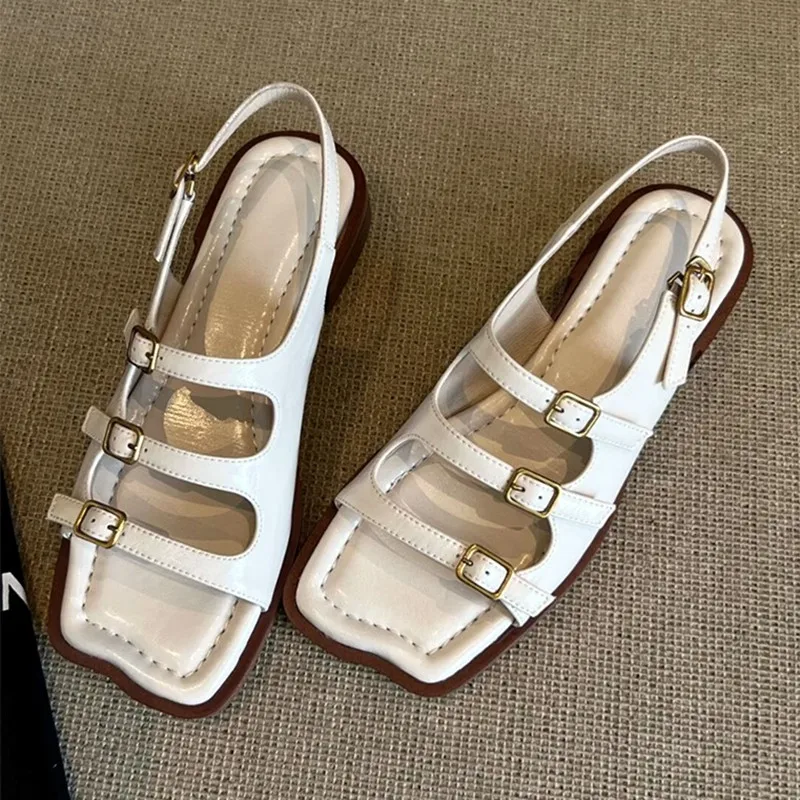

Fashion Belt Buckle Design White Flat Sandals Women High Quality Comfort Low Heel Roman Sandals Summer Soft Leather Beach Shoes