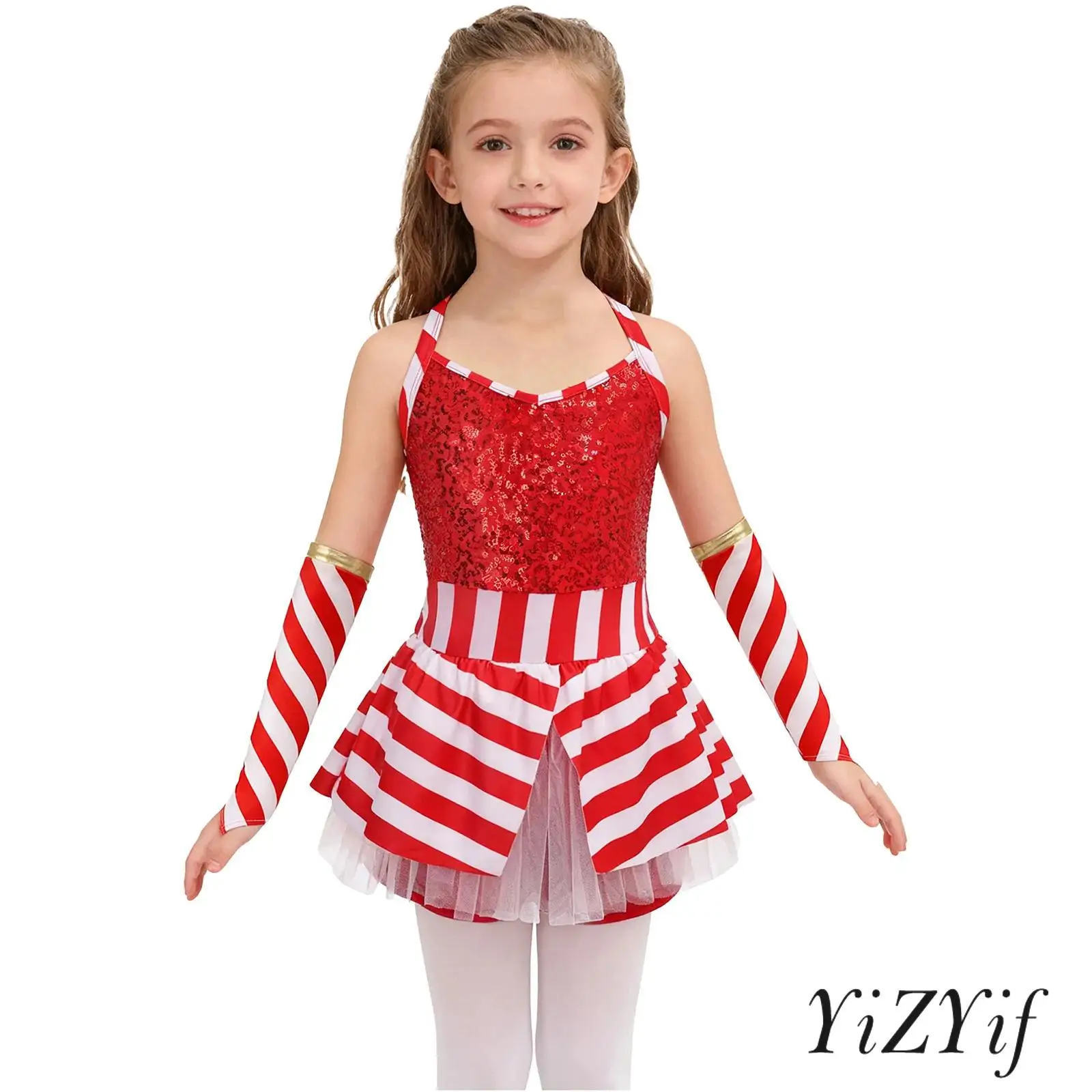

Kids Girls 2 Pcs Christmas Costume Cross Shoulder Straps Sleeveless Sequins Striped Jumpsuit Dance Bodysuit+Stripe Oversleeves
