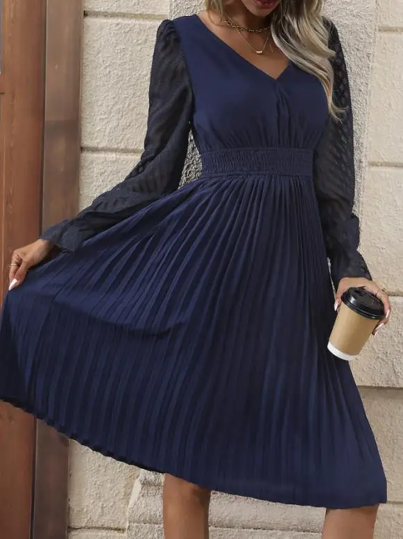 

Children's Elegant Skirt Deep V-Neck Long Sleeve Solid Color Dress Autumn New 2025 Foldable Design for Girls