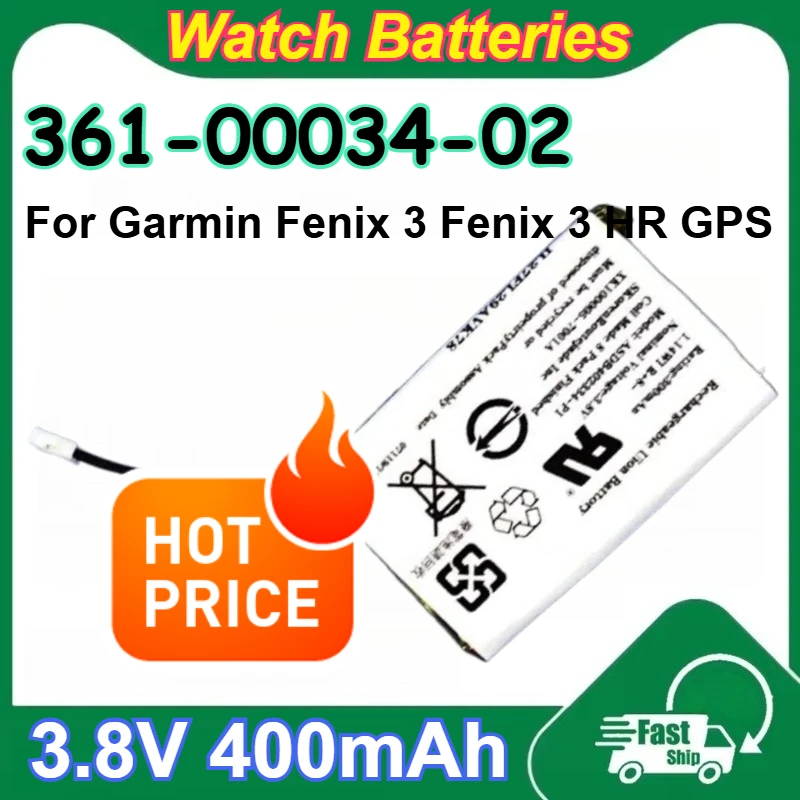 

361-00034-02 3.8V 400mAh Lithium Battery for Garmin Fenix 3 Fenix 3 HR GPS Sports Watch Rechargeable Batteries