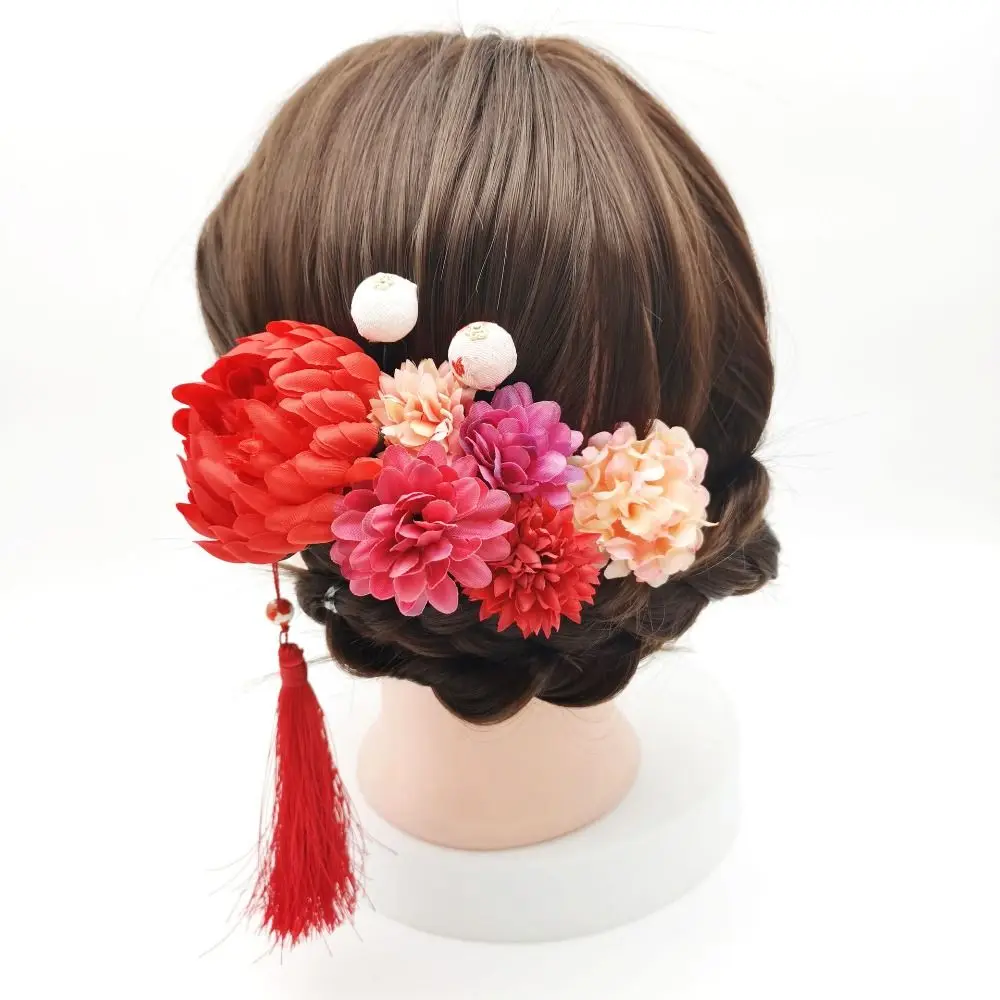 

Jewelry Japanese Style Flower Hair Forks Flower Handmade Japanese Kimono Hair Clips Cloth Vintage Tassels Hair Stick Girls