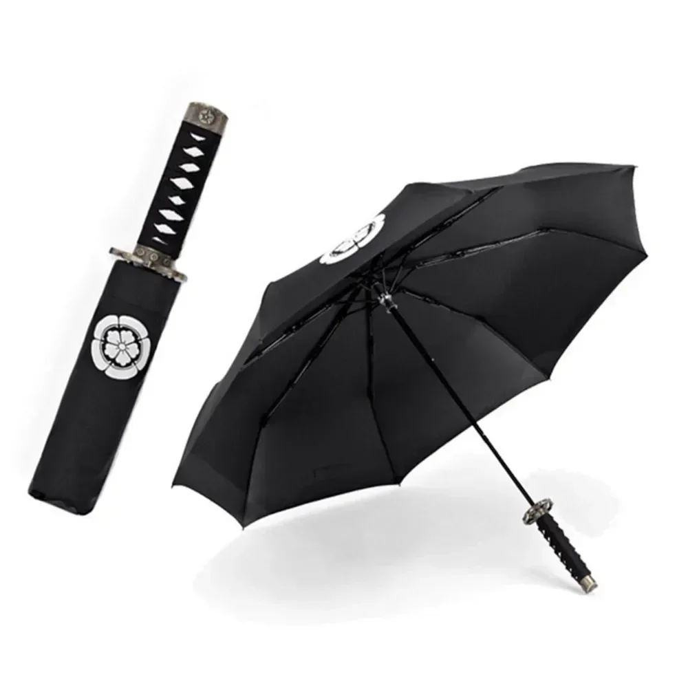 Three Fold Umbrellas Short Handle Rain Straight Ribs Beach Sun Garden Mini Black Coating Windproof Ninja-like Samurai Sword