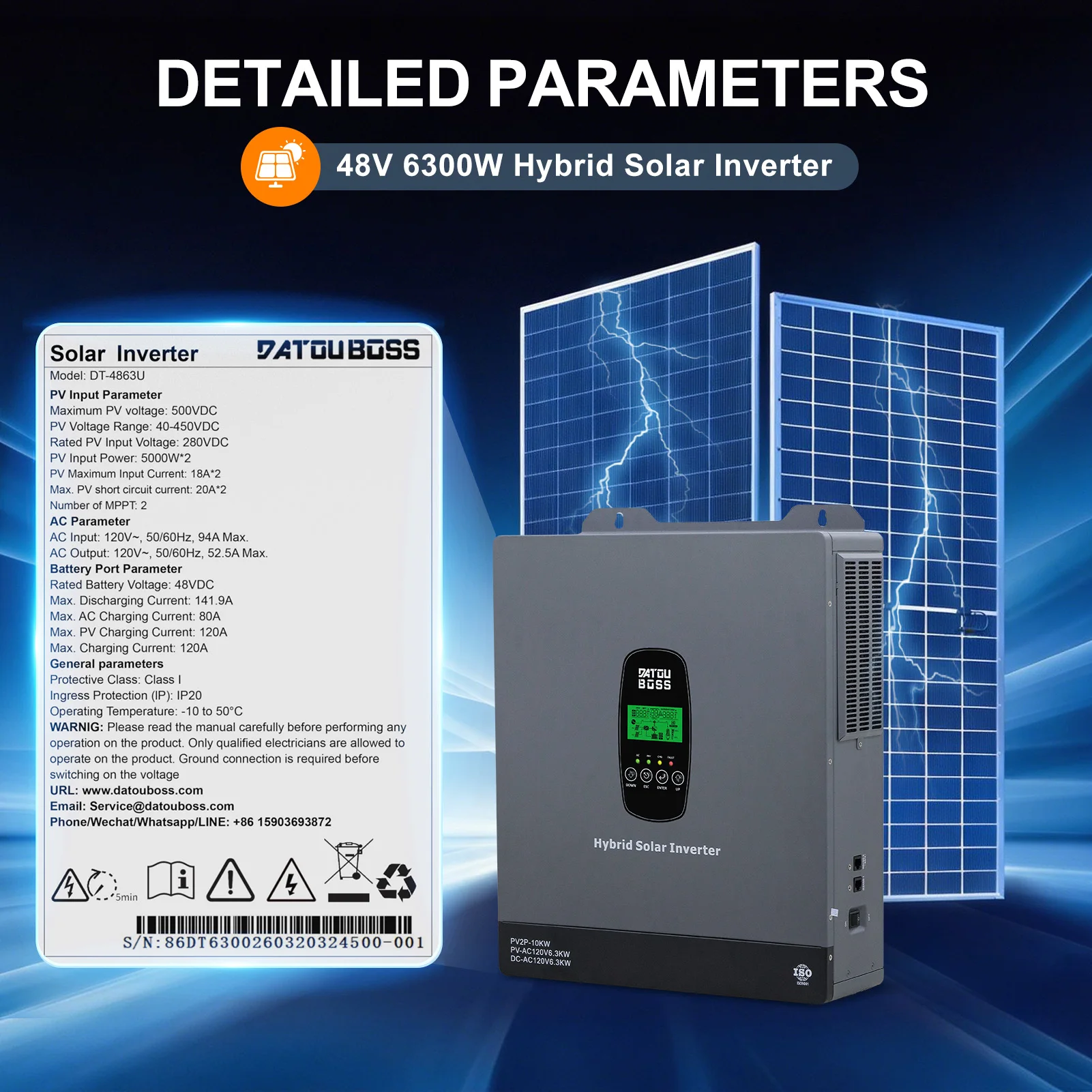 DATOUBOSS 6300W Hybrid Solar Inverter 48V Pure Sine Wave Inverter Charger Dual MPPT 10000W PV Input 120A Solar Charging Off-Grid UPS Backup