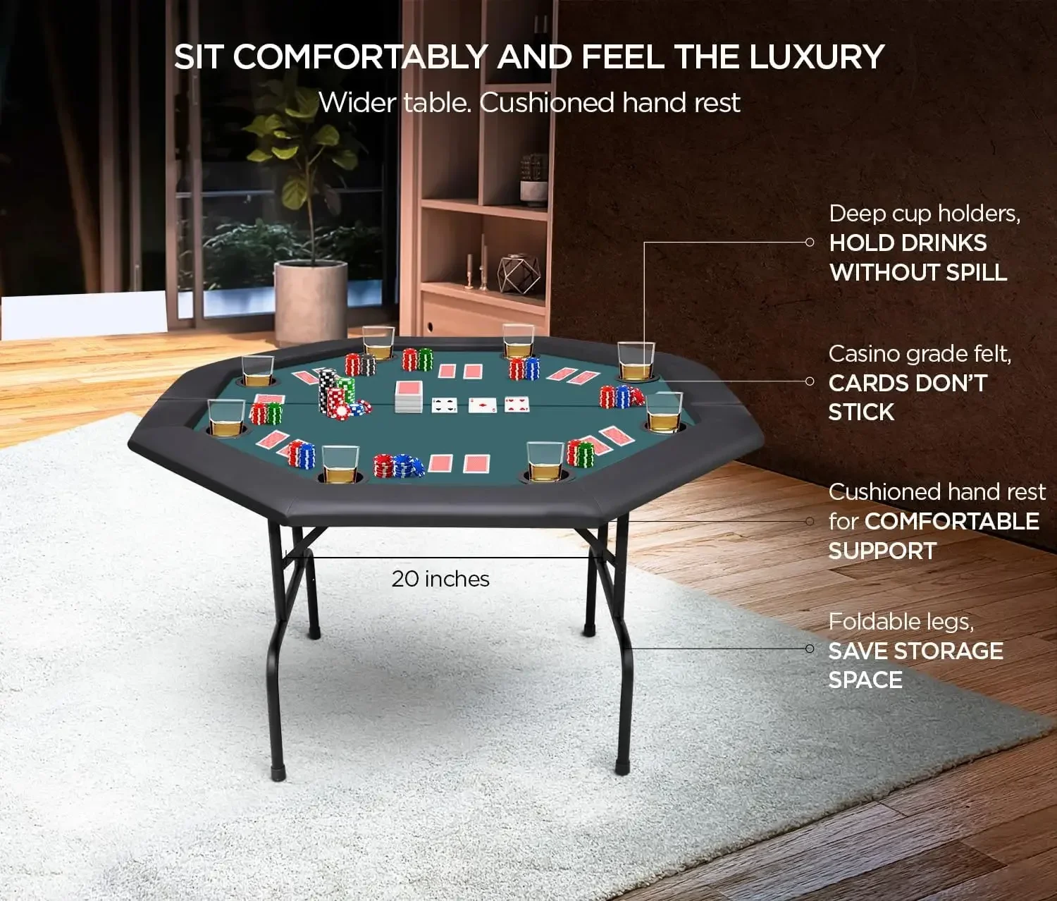 Table 8 Player Portable Poker Table Foldable Poker Table with Casino Grade Felt Cushioned Armrest and 8 Cup Holder for Pla