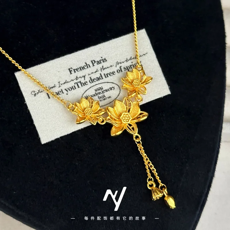 NovaGlod 24K real gold new Chinese style two-generation lotus women's necklace 99992025 new ethnic style lotus tassel necklace