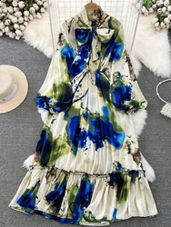 Spring Autumn Women's Retro Style Long Sleeved Printed Dress with Waist Cinched A-line Elegant Large Swing Long Dress A81