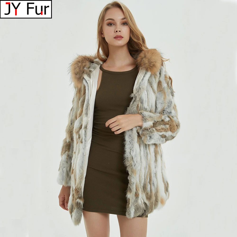 

New Women's Real Genuine Natural Rabbit Fur Coat With Raccoon Fur Hood Lady Fashion Jacket Outwear Custom Any Size