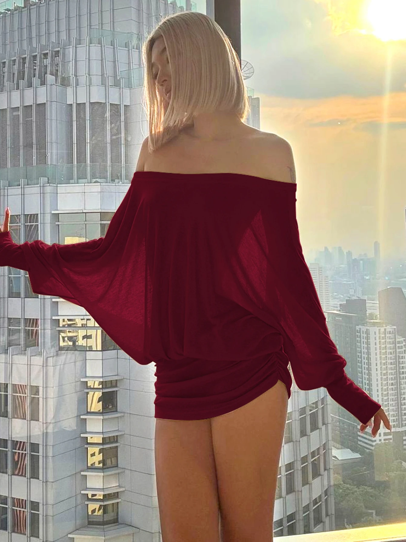 Dulzura Off Shoulder Long Sleeves Ruched Patchwork Mini Dress Women’S Sexy Elegant Casual Outfit Party Clubwear Spring Summer
