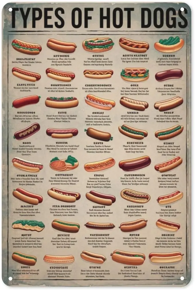 Hot Dog Varieties Metal Wall Decor 8X12IN Retro Diner-Style Plaque for Kitchen, Man Cave & Americana Theme with Vintage sign
