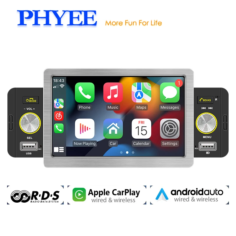 

5“ Car Radio Wireless CarPlay 1 Din Android-Auto Bluetooth HD MP5 RDS FM Stereo Handsfree A2DP USB Audio System Head Unit F158W