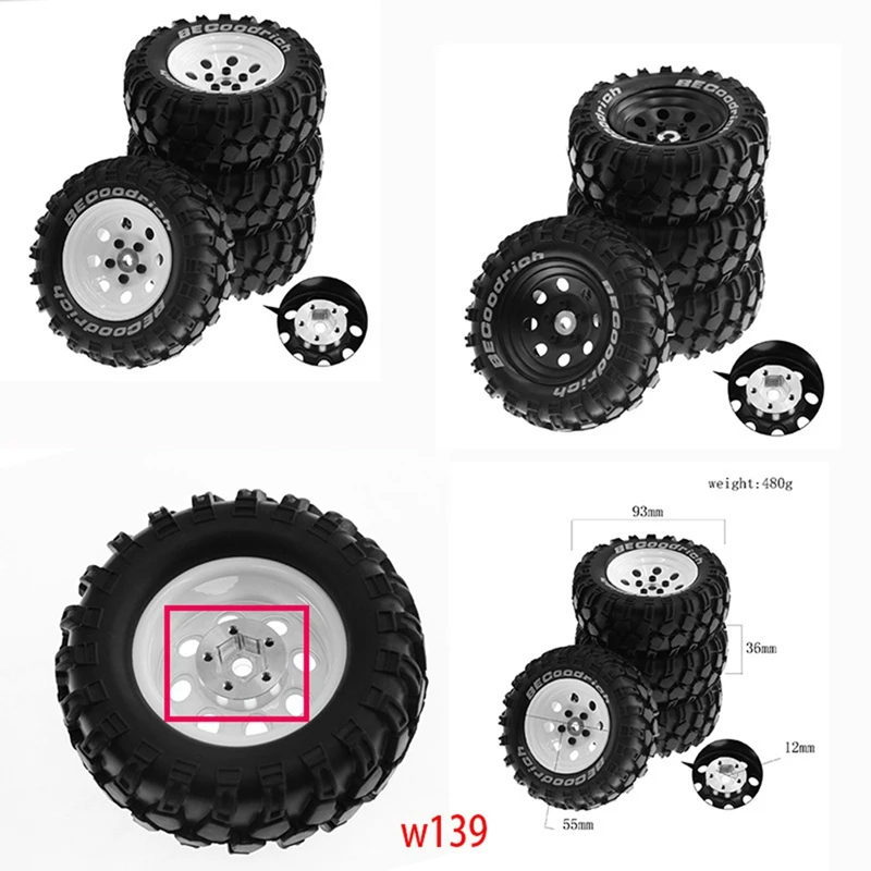 4Pcs 1.9 Inch Metal Wheel Rim Rubber Tire For 1/10 RC Crawler TRX4 SCX10 D90 4103 90046 FR4 FMS NT4