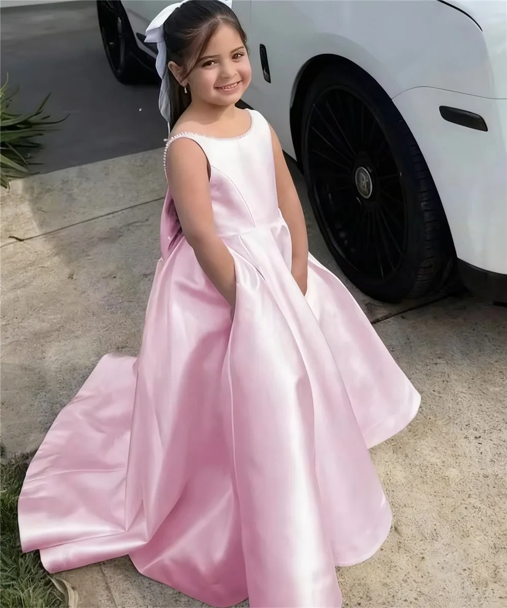 فستان زفاف أنيق مخصص لفتاة الزهور من الساتان بدون أكمام مع فيونكة للأطفال فستان حفلات التواصل الأول #5