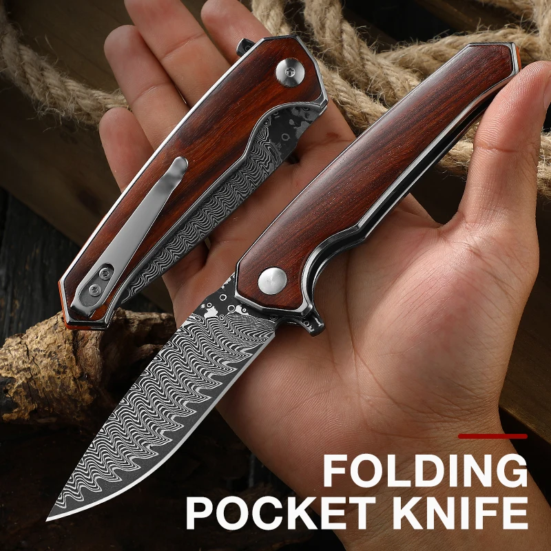 VG10 Damascus Steel Folding Knife Tactical Hunting Pocket Knife Self Defense Camping EDC Knives with Clip and Sheath for Men