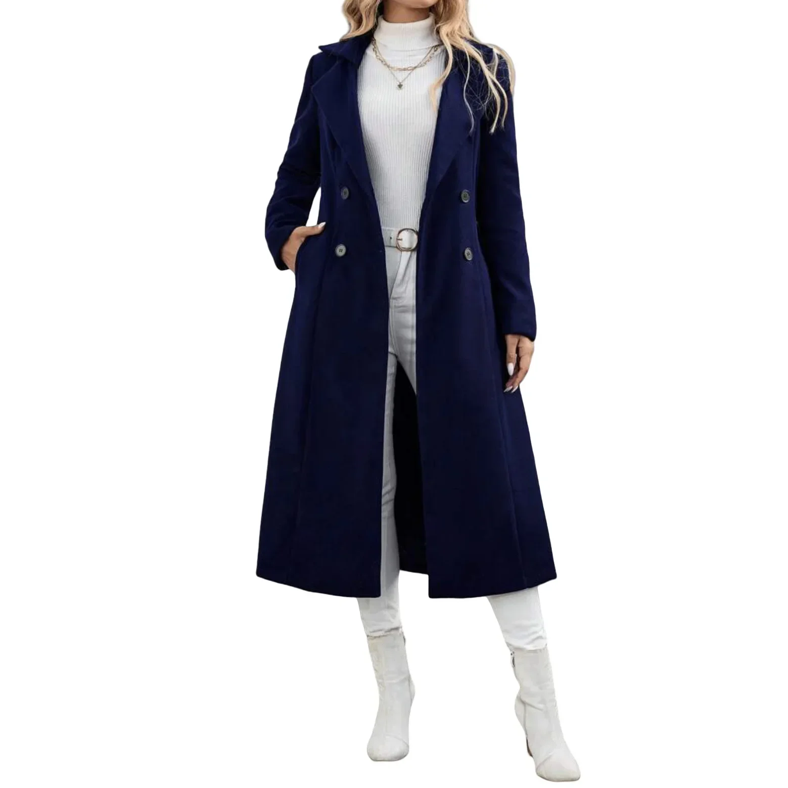 New Style Import Outerwear Windbreaker from Mainland Extended Length Woolen Coat with Double Row Buttons And Belt for Women