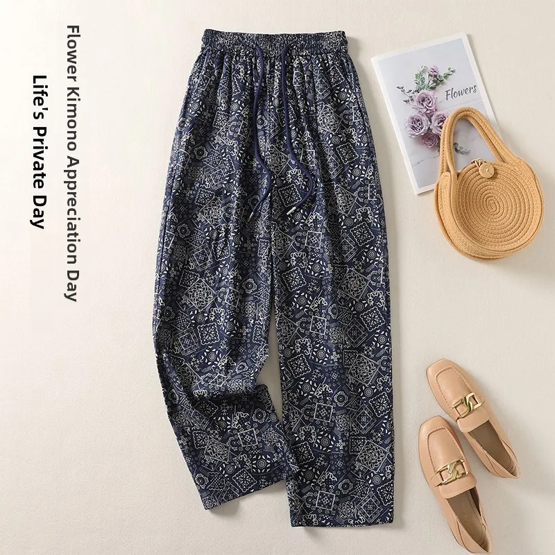 Sommer Neue Floral Baumwolle Druck Lose Abnehmen Casual Vielseitig Blau Paisley Elastische Taille Hosen Hohe Taille Lange Hosen Polyest...