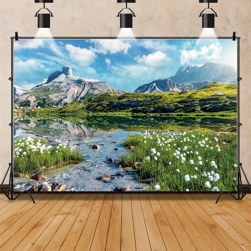 ธรรมชาติพื้นหลัง Lake Mountain ต้นไม้ป่าสีเขียวหญ้าท้องฟ้าสีฟ้ามีเมฆ Scenic การถ่ายภาพฉากหลัง Photocall Photo Studio
