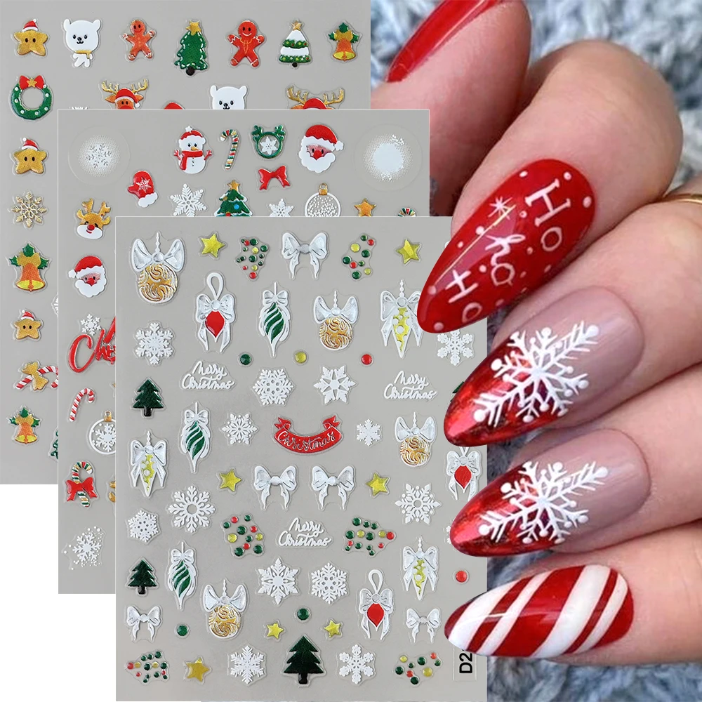 3Pcs/Set Epoxy Christmas Nail Art Stickers Santa Claus Snowflake Bowknot Self Adhesive Slider Decal DIY Xmas Manicure Decoration