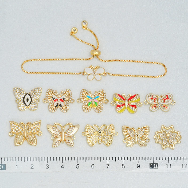 10Pcs Pave Inlay Zircon Enamel Butterfly Connector Diy Charm Necklace Bracelet Making Brass Jewelry Fine Gift Hollow Accessories