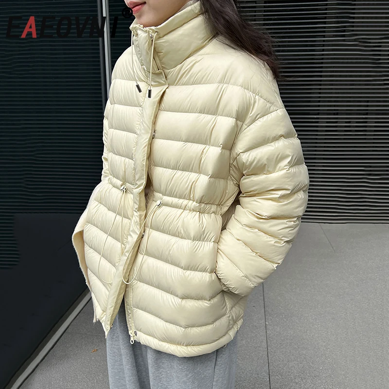 

EAEOVNI Winter Down Jacket Women Fashion Stand Collar Drawstring Gathered Waist Design Warm Jacket Casual New Clothing