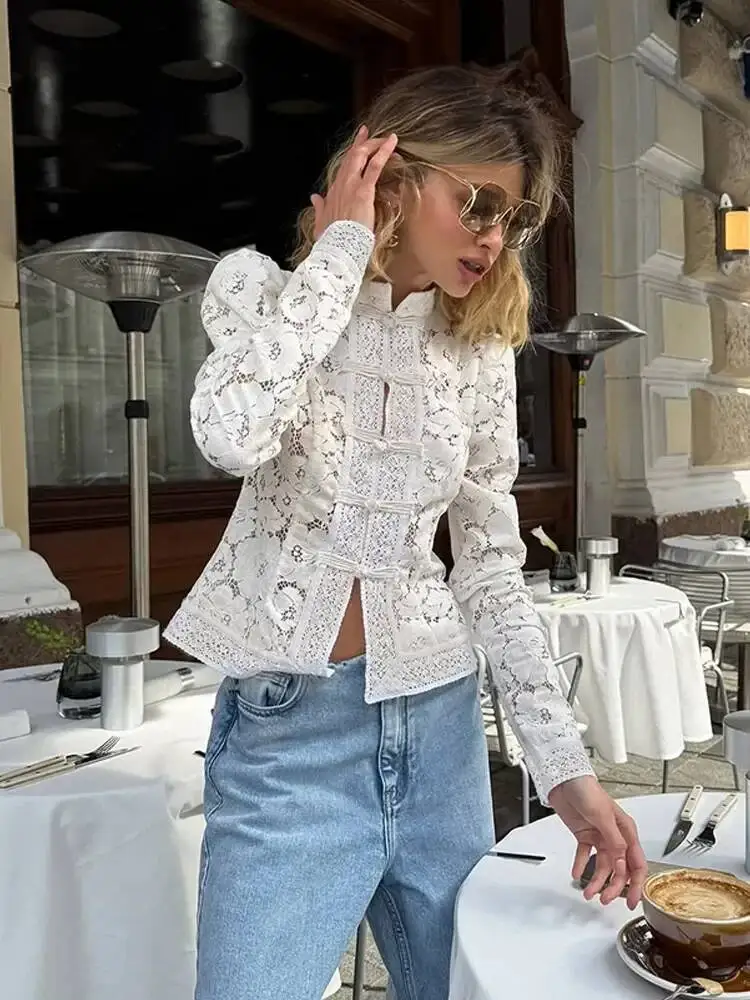 Retro Solid Chinese Hollow Lace Shirt Women Chic O Neck Long Sleeve Slim Knit Top Summer 2025 Fashion New Street Floral Blouses