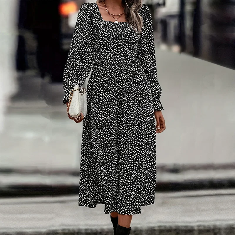 Plus-Size Polka Dot Print Square-Neck Midi Dress Elegant Stylish Loose Long-Sleeve Waist-Cinching Women's Dress view 3