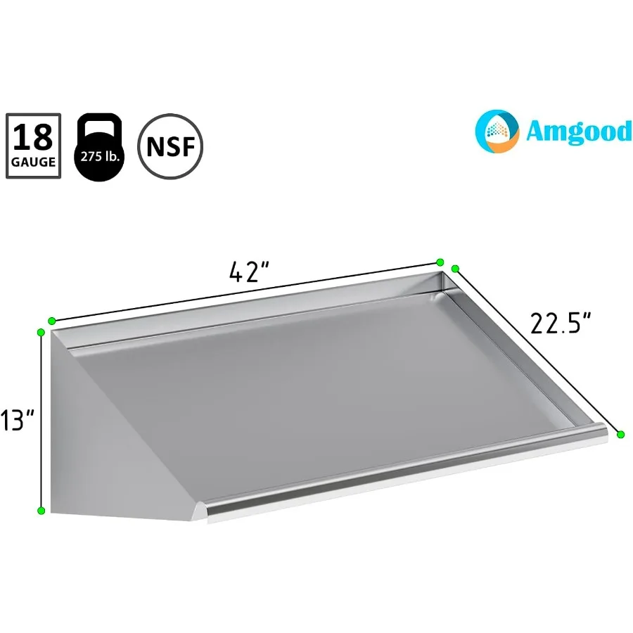 42 بوصة. × 22 1 2 بوصة. رف مائل مثبت على الحائط من الفولاذ المقاوم للصدأ 304 لتخزين المطبخ أو غرفة الغسيل مع مخرج الصرف D #3