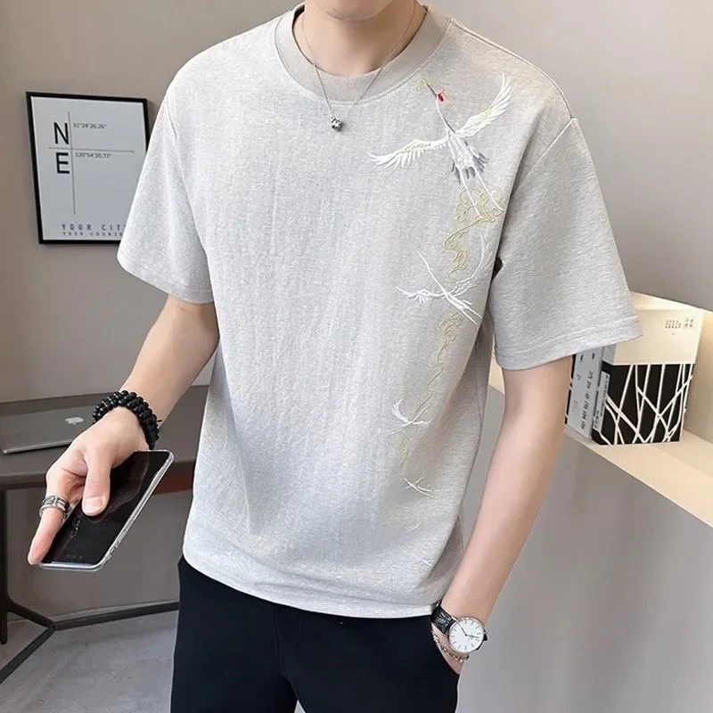 Men's Chinese Crane Embroidery T Shirt Crew Neck Short Sleeve Solid Color Casual Tops S-4XL
