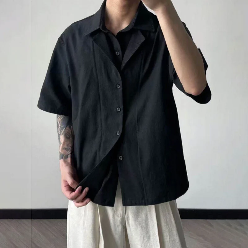 2026 Summer Men's Black Linen Double Collar Short Sleeve Shirt Streetwear Fashion Solid Hand Stitch Blouse