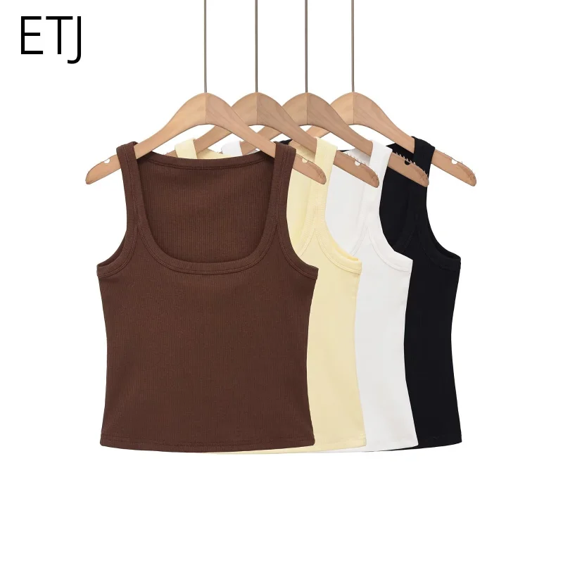 ETJ Damen Geripptes Crop Tank Top mit eckigem Ausschnitt 2026 Frühling Basic Bodysuit Slim Fit Lässige Unterwäsche zum Schichten