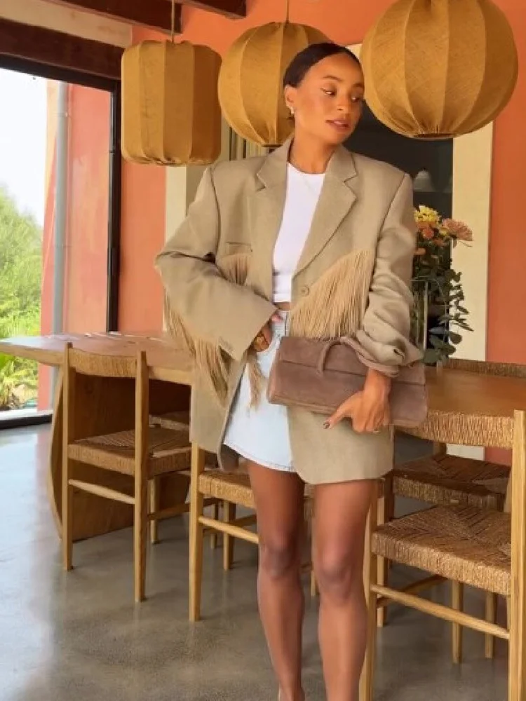 Retro-Chic Revers-Blazer für Damen, Trendiger Mantel mit Quastenverzierung, Langen Ärmeln und Taschen, Lässiger Loser Mantel für Damen, Neue Herbst-Streetwear-Oberbekleidung