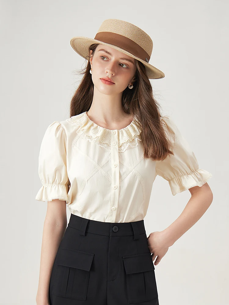 FSLE Beige Short Sleeve Blouse Peter Pan Collar Women Summer Lace Apricot Puff Sleeve Shirts Female Sweet Blouse Tops 24FS12720