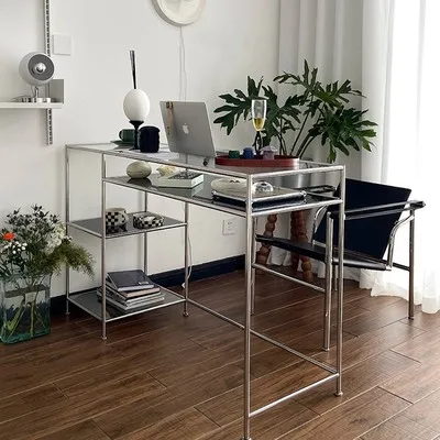 Stainless Steel Transparent Glass Desk Makeup Table Desk Simple Style Desk Chinese Ancient Book Furniture Computer Desk