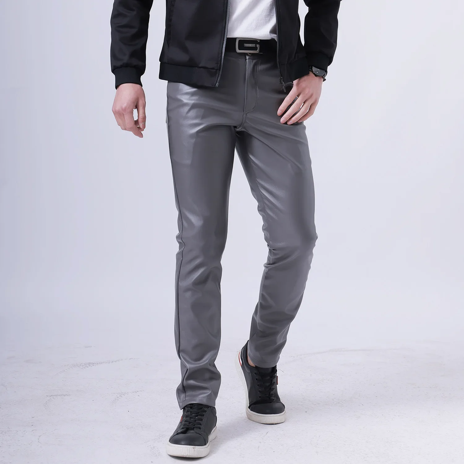 Spring Summer Thin Youth Mens Leather Pants Stretch Slim Fit Fashion Color White Bar Leather Pants for Men