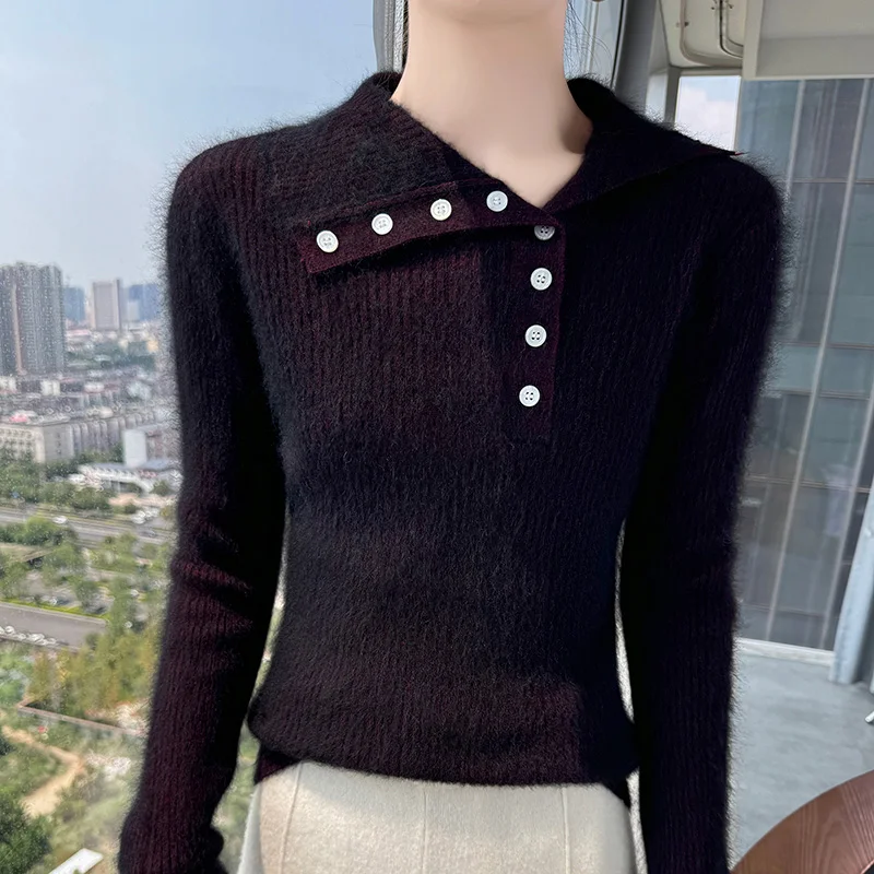 

Autumn And Winter Lapel Long Sleeve Mink Wool Sweater Women's Bottoming Knitted Sweater Top