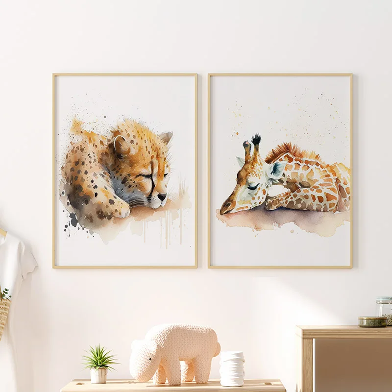 Watercolor Sleeping Safari Animal Wall Art Poster Cheetah Zebra Giraffe Gazelle Fox Posters Nursery Kids Bedroom Baby Room Decor