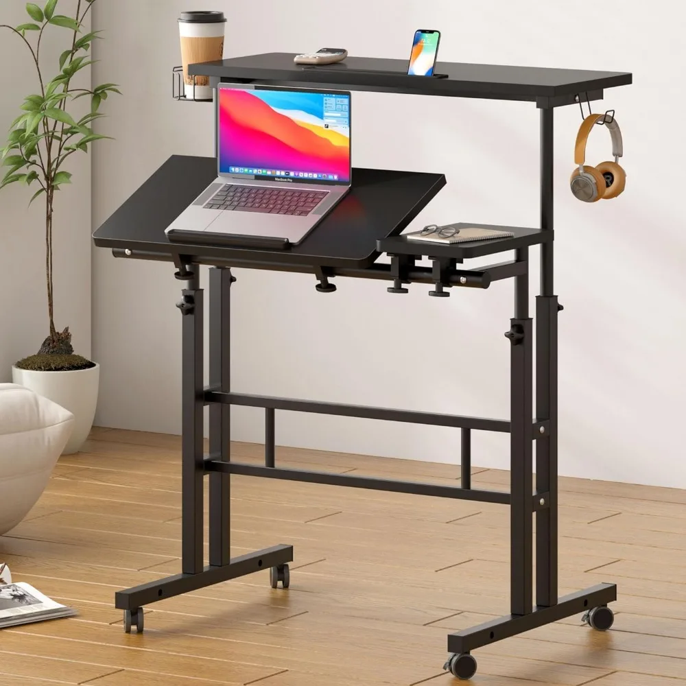 Rolling Mobile Desk with Cup Holder,Mobile Rolling Standing Desk, Adjustable Height Small Stand up Desk on Wheels